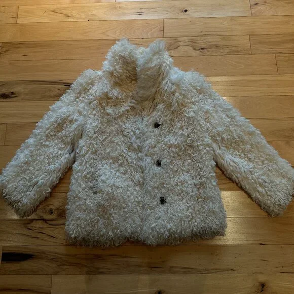 Vintage Persian Curly Geunuine Lamb Afghan Fur Coat White Spotted Jacket S/M - Picture 3 of 8